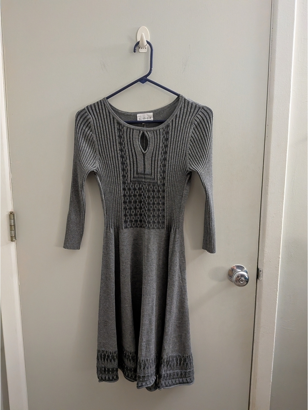 Olive & Oak Heather Gray Keyhole Ribbed Knit Fit & Flare Sweater Dress Fall EUC